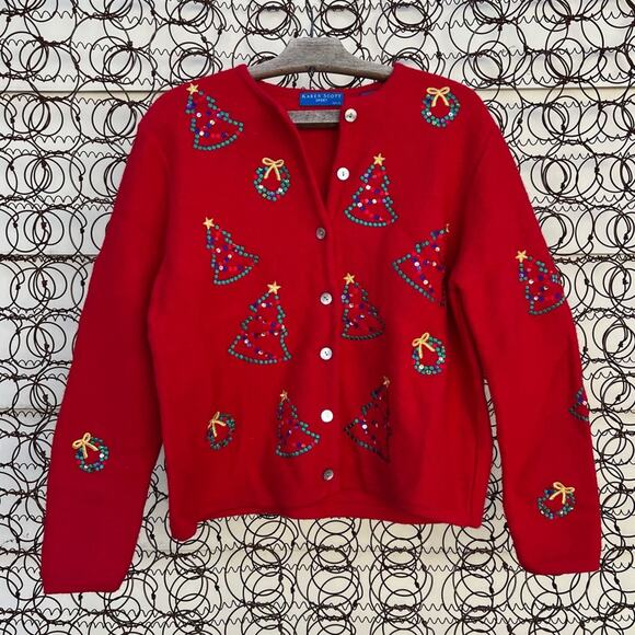 Vintage 90s red wool sequin Ugly Christmas tree embroidered cardigan sweater PL - Picture 1 of 5